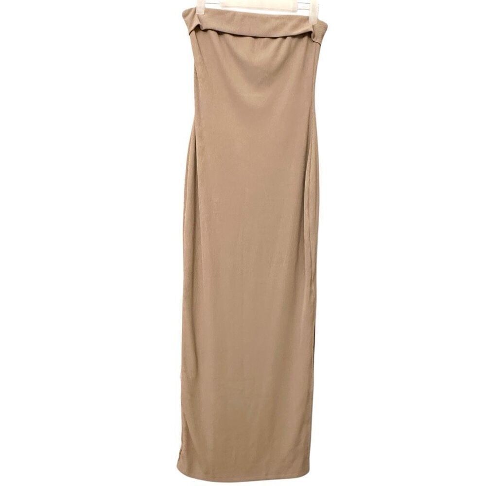 BTFBM Strapless Tube Knit Backless Slit Formal Bodycon Beige Maxi Dress Small